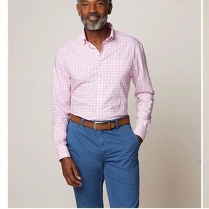 Johnnie-O Performance Button Down Shirt Large Powder Pink Plaid Preppy‎ Career